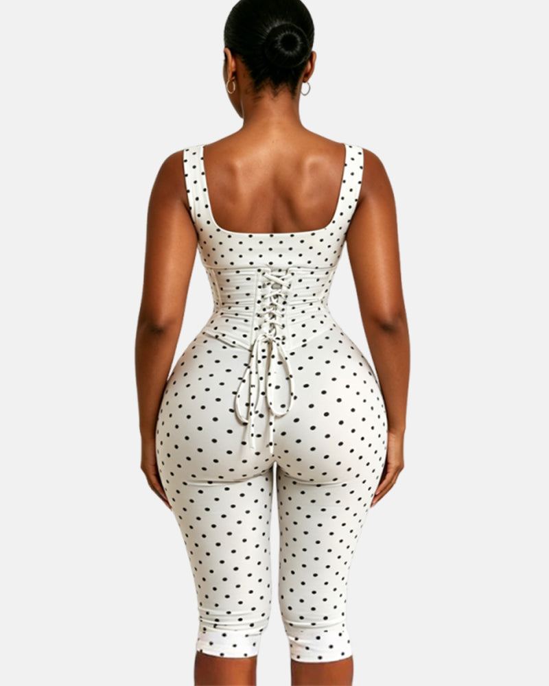 Zweiteiliger Capri Jumpsuit mit Polka Dots und abnehmbarem Korsett in Sanduhrform