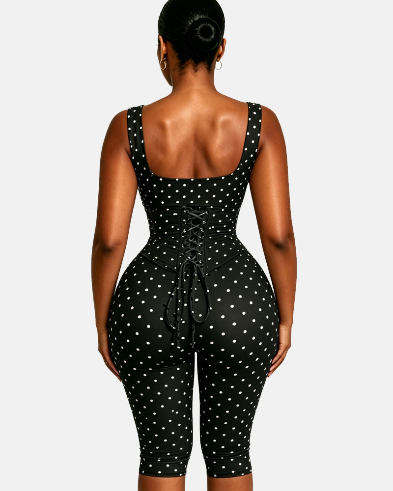Zweiteiliger Capri Jumpsuit mit Polka Dots und abnehmbarem Korsett in Sanduhrform