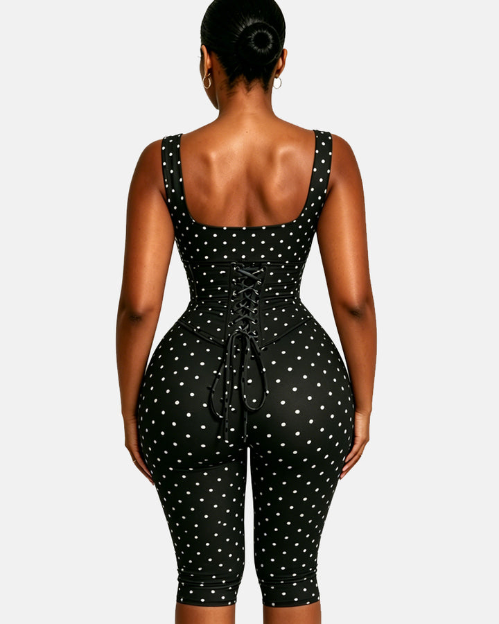 Zweiteiliger Capri Jumpsuit mit Polka Dots und abnehmbarem Korsett in Sanduhrform
