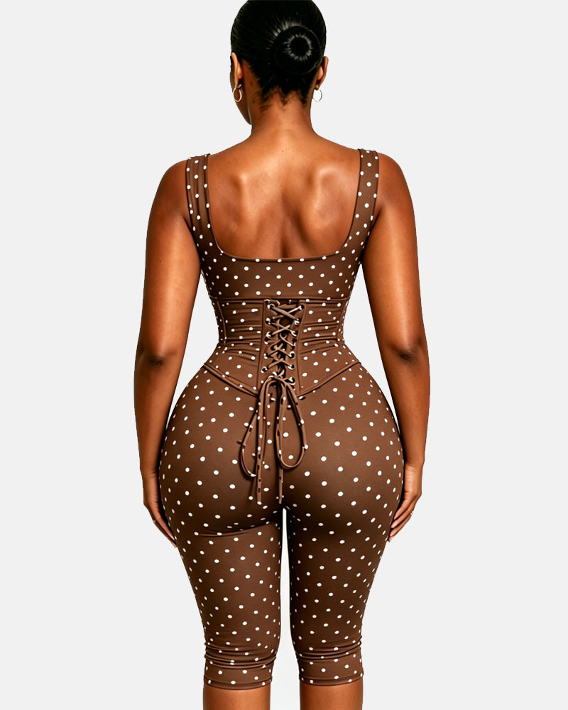 Zweiteiliger Capri Jumpsuit mit Polka Dots und abnehmbarem Korsett in Sanduhrform
