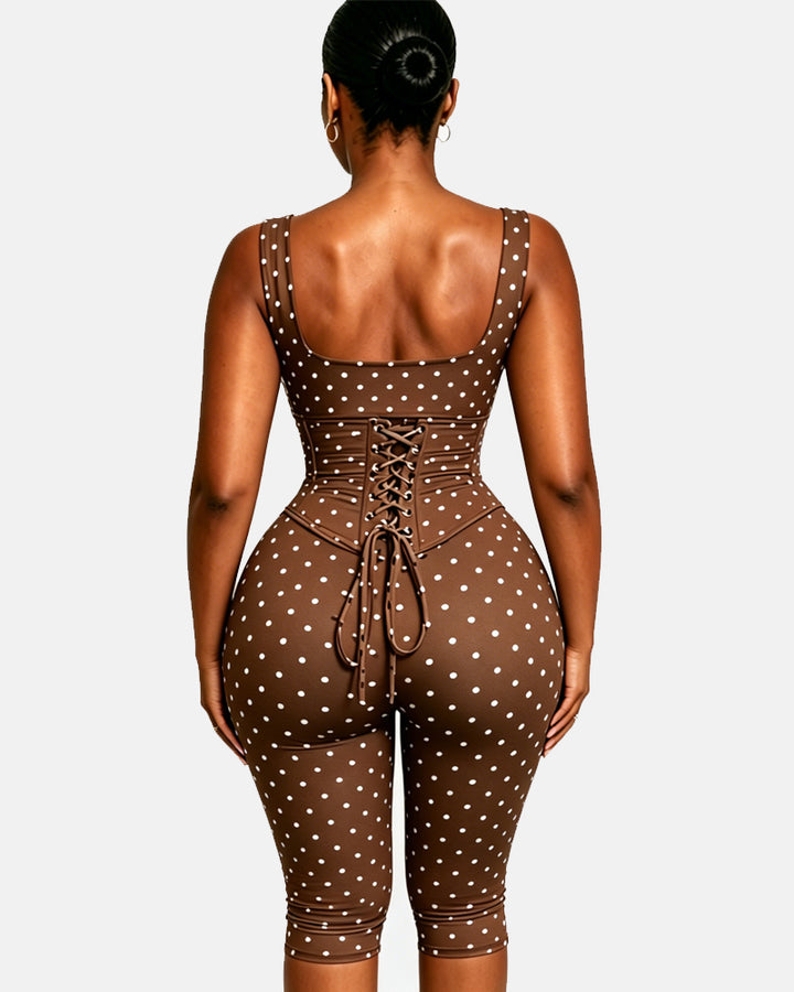 Zweiteiliger Capri Jumpsuit mit Polka Dots und abnehmbarem Korsett in Sanduhrform
