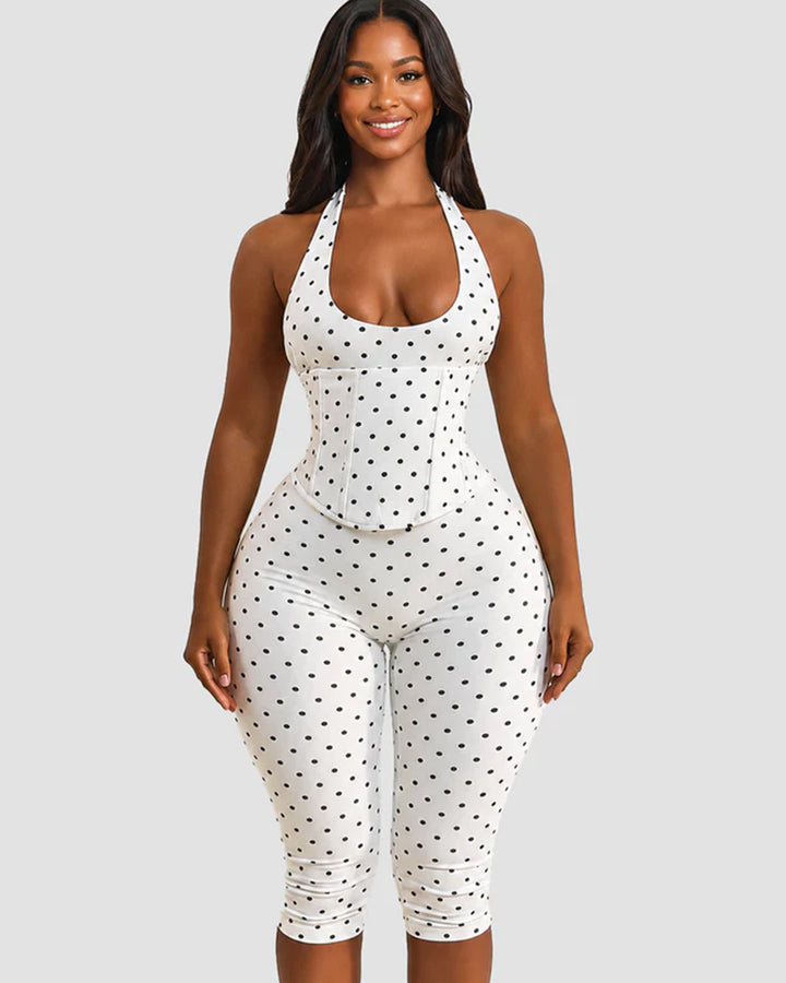 Sanduhrfigur-Figurformer Taillenformer gepunkteter Capri-Jumpsuit zweiteiliges Set