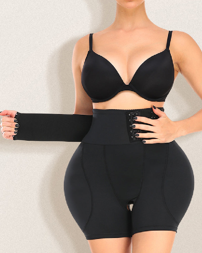 Hohe Taille 9-reihige Schnalle Shapewear Shorts mit Schwammkissen