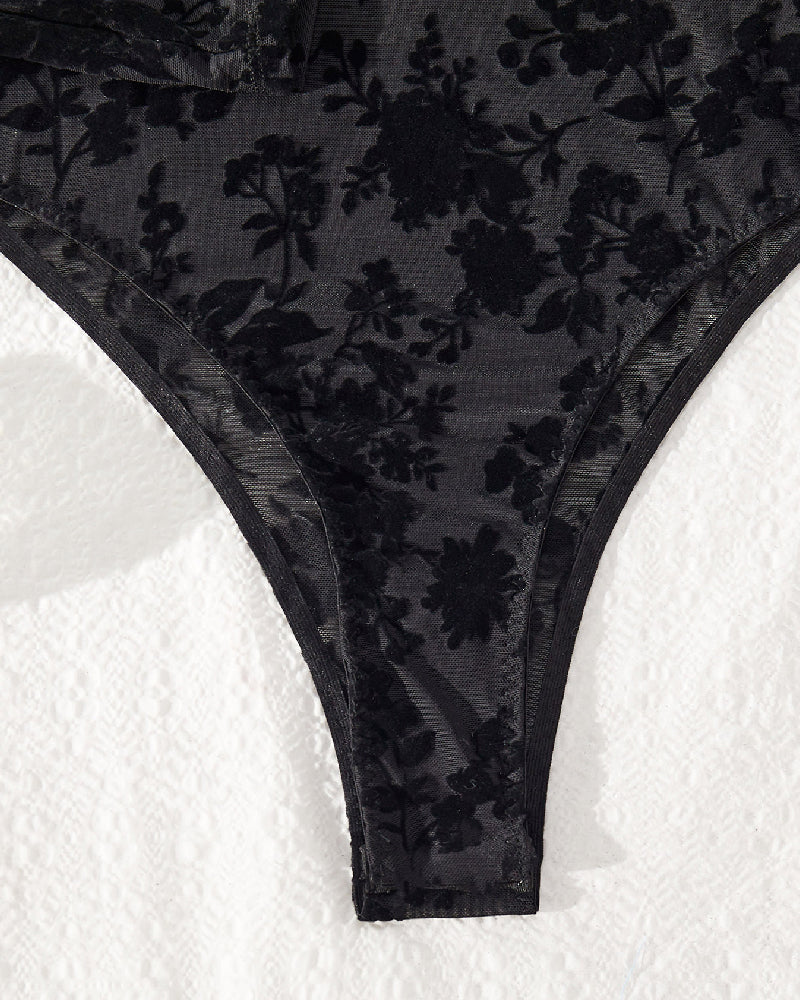 Sexy Mesh Beflockter Transparenter Stehkragen Lange Ärmel Bodysuit