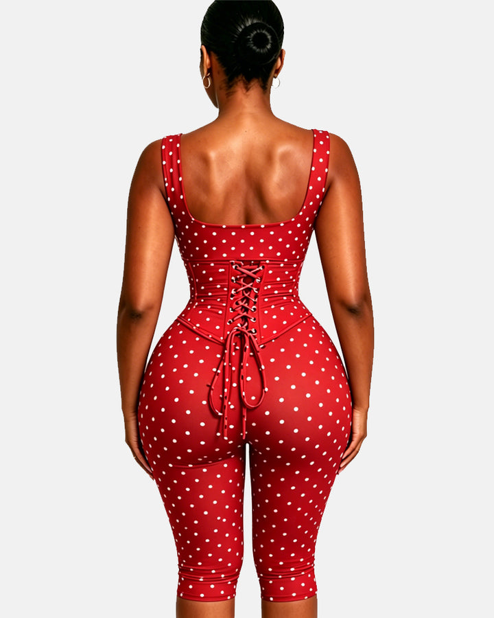Zweiteiliger Capri Jumpsuit mit Polka Dots und abnehmbarem Korsett in Sanduhrform