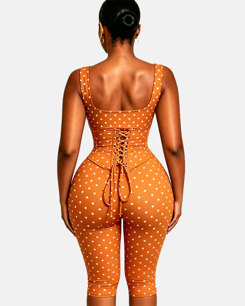 Zweiteiliger Capri Jumpsuit mit Polka Dots und abnehmbarem Korsett in Sanduhrform