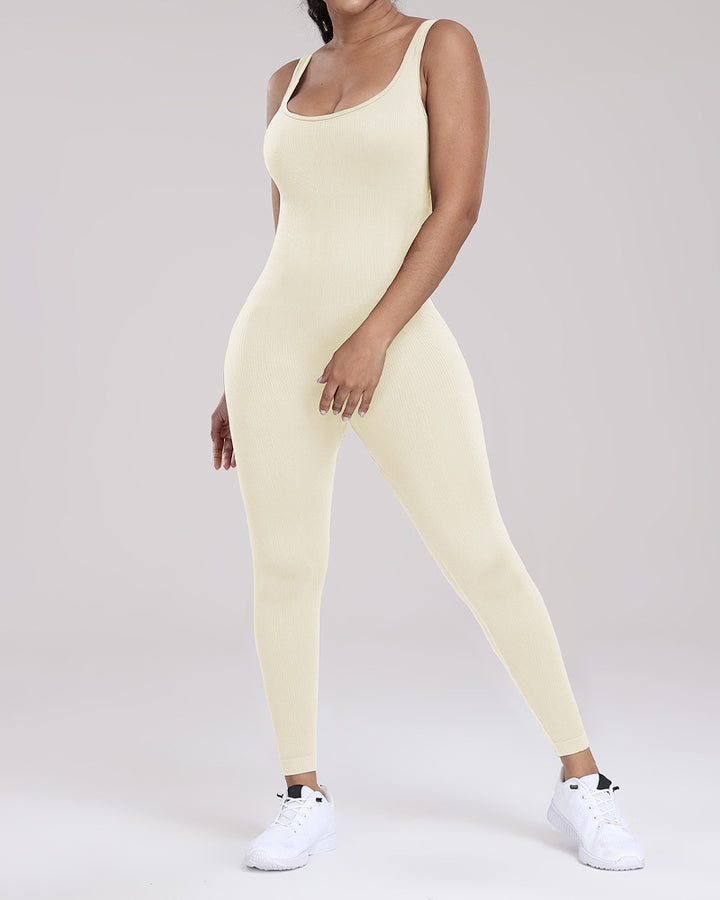 Gerippter U-Ausschnitt Ärmelloser Bodysuit Enganliegend Hochelastische Jumpsuits