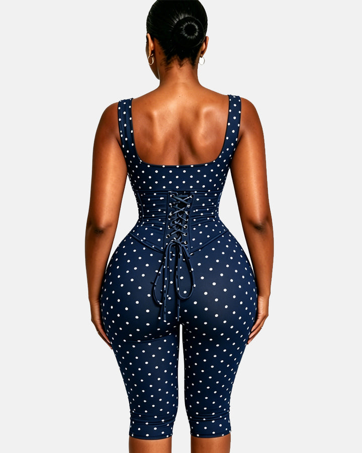 Zweiteiliger Capri Jumpsuit mit Polka Dots und abnehmbarem Korsett in Sanduhrform