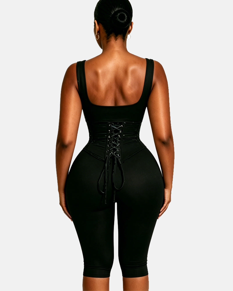 Zweiteiliger Capri Jumpsuit mit Polka Dots und abnehmbarem Korsett in Sanduhrform