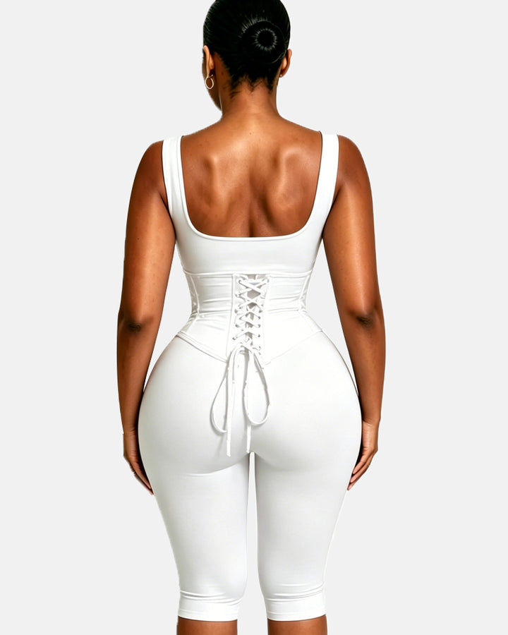 Zweiteiliger Capri Jumpsuit mit Polka Dots und abnehmbarem Korsett in Sanduhrform