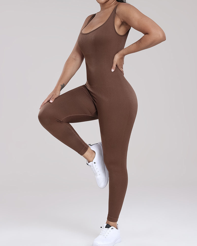 Gerippter U-Ausschnitt Ärmelloser Bodysuit Enganliegend Hochelastische Jumpsuits