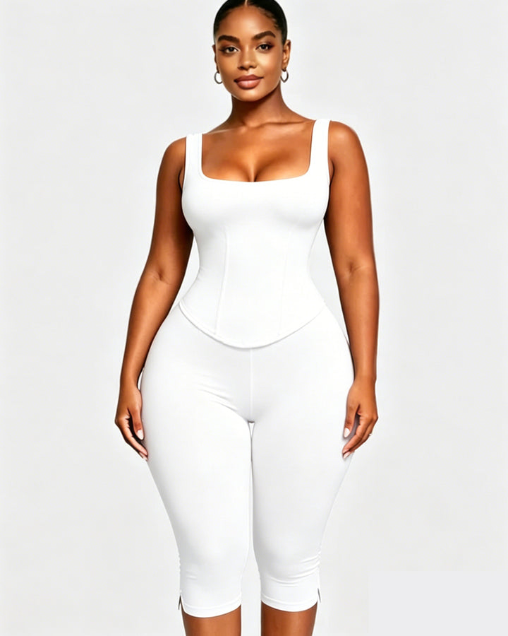 Zweiteiliger Capri Jumpsuit mit Polka Dots und abnehmbarem Korsett in Sanduhrform