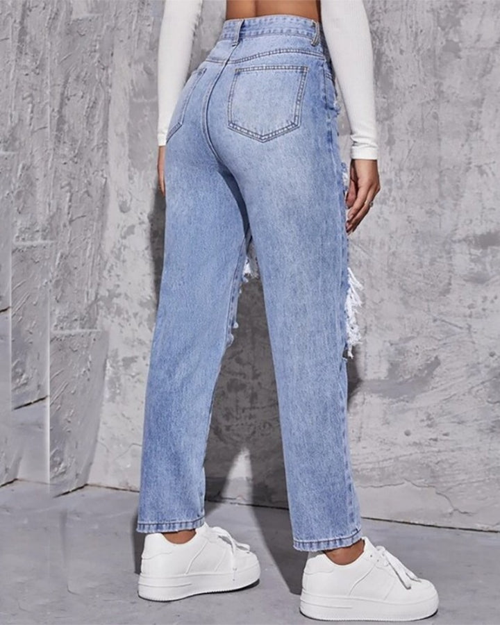 Zerrissene Verwaschene Damen Jeans Hohe Taille Gerades Bein