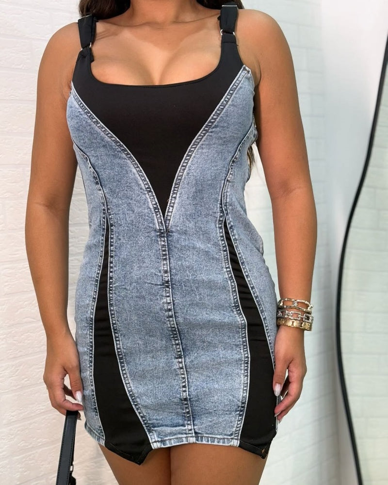 Kontrast Farbe Denim Ärmellos Bodycon Mini Kleid