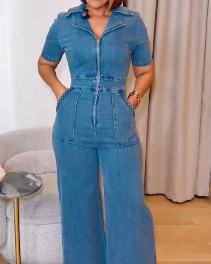 Damen Jeans Overall Kurzarm Locker Gerade Mit Taschen