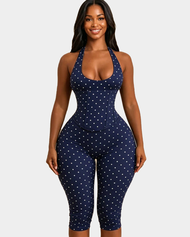Sanduhrfigur-Figurformer Taillenformer gepunkteter Capri-Jumpsuit zweiteiliges Set