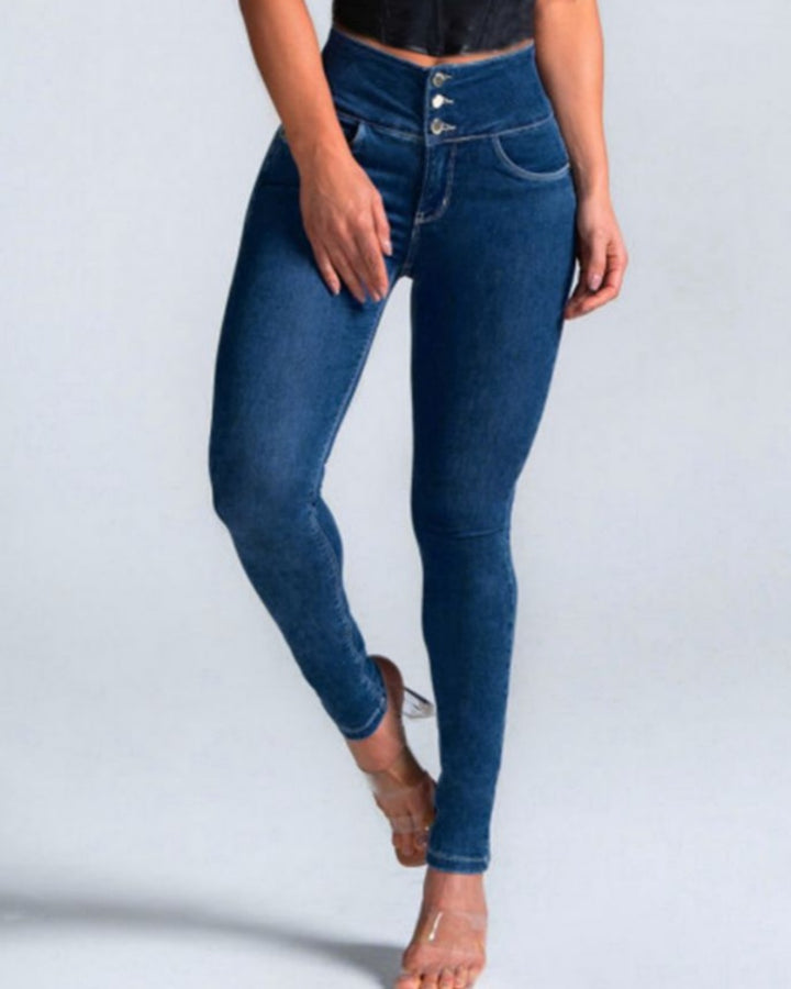 Sexy Skinny Jeans Hohe Taille Schmaler Passform mit Knöpfen