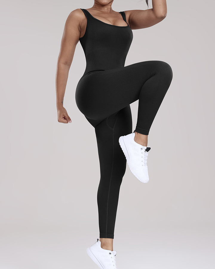 Gerippter U-Ausschnitt Ärmelloser Bodysuit Enganliegend Hochelastische Jumpsuits