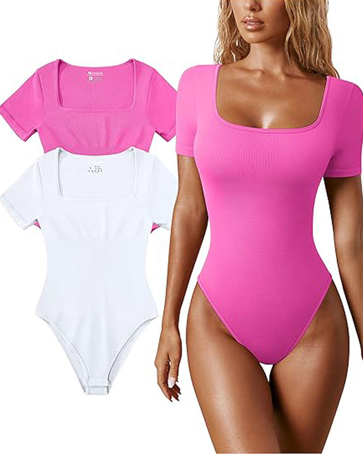 Sexy Gerippter Eckiger Ausschnitt Kurzärmeliger Kragen Tanga Bodysuit