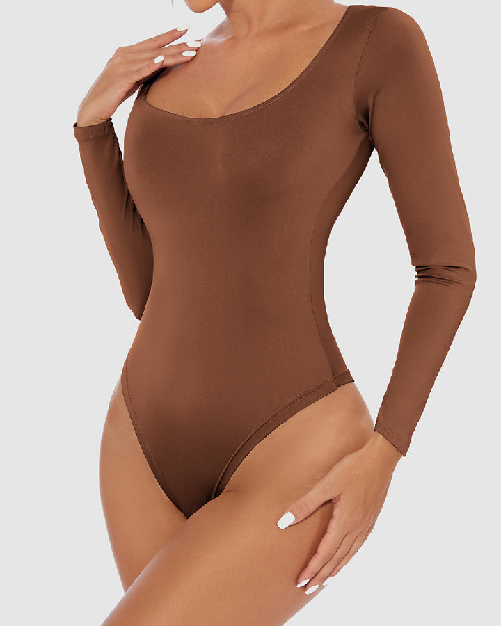 Damen Nahtloses Langarm Tanga Bodysuit mit Quadrat Ausschnitt