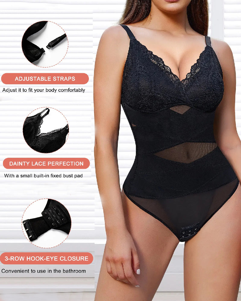 Damen Bauchweg V Ausschnitt Tanga Korsett Spitze Bodysuit