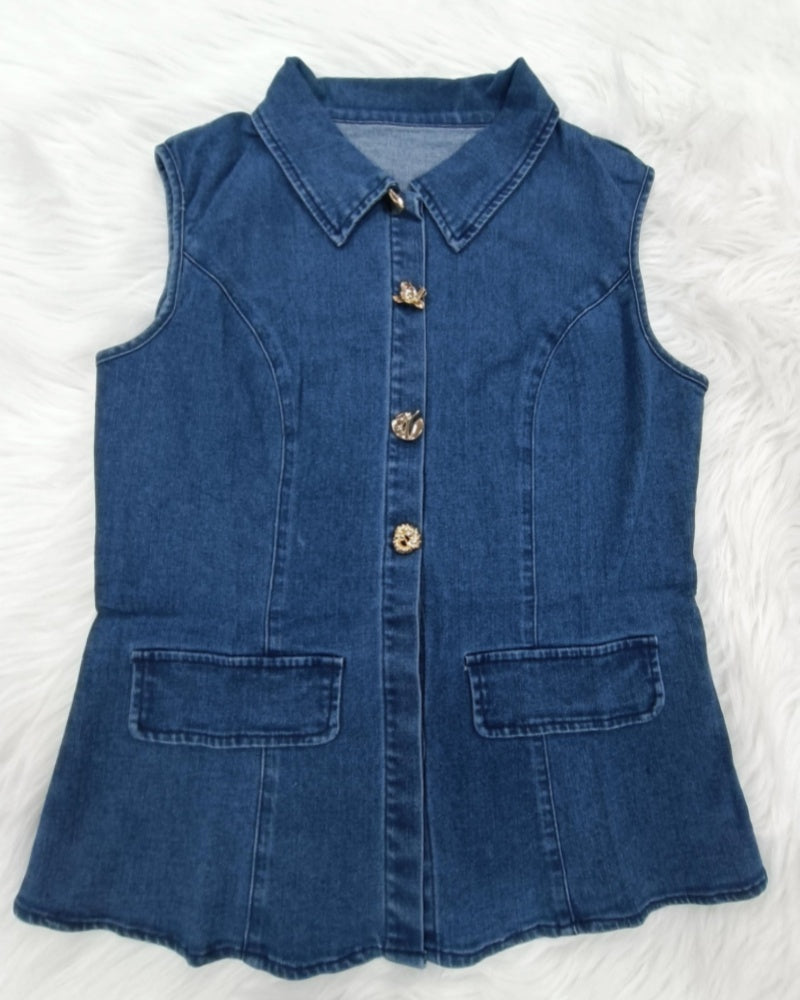 Damen Klassisch Schickes Ärmellos Verwaschenes Jeans Set