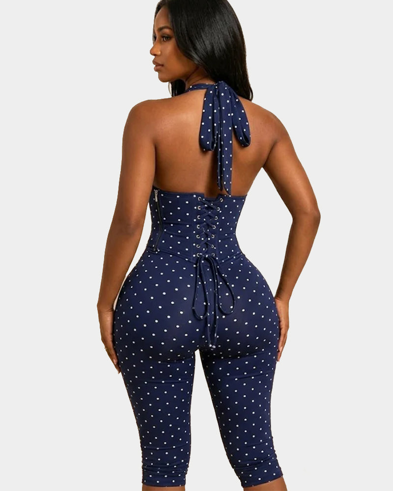 Sanduhrfigur-Figurformer Taillenformer gepunkteter Capri-Jumpsuit zweiteiliges Set