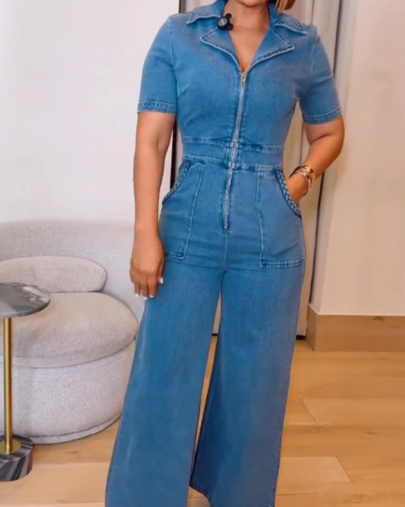 Damen Jeans Overall Kurzarm Locker Gerade Mit Taschen