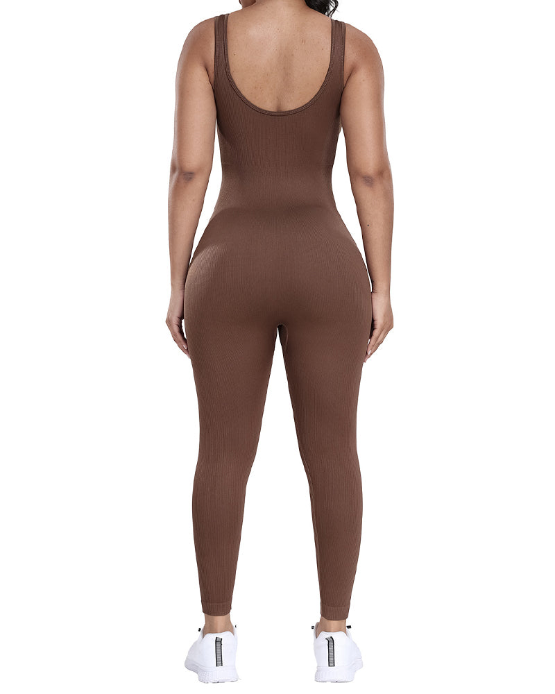 Gerippter U-Ausschnitt Ärmelloser Bodysuit Enganliegend Hochelastische Jumpsuits