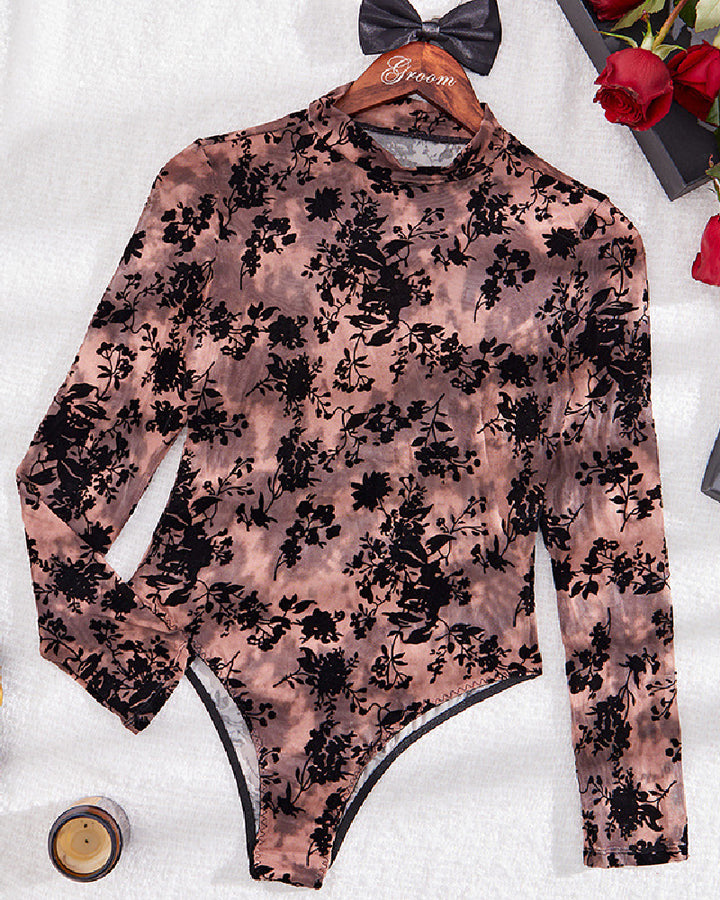 Sexy Mesh Beflockter Transparenter Stehkragen Lange Ärmel Bodysuit