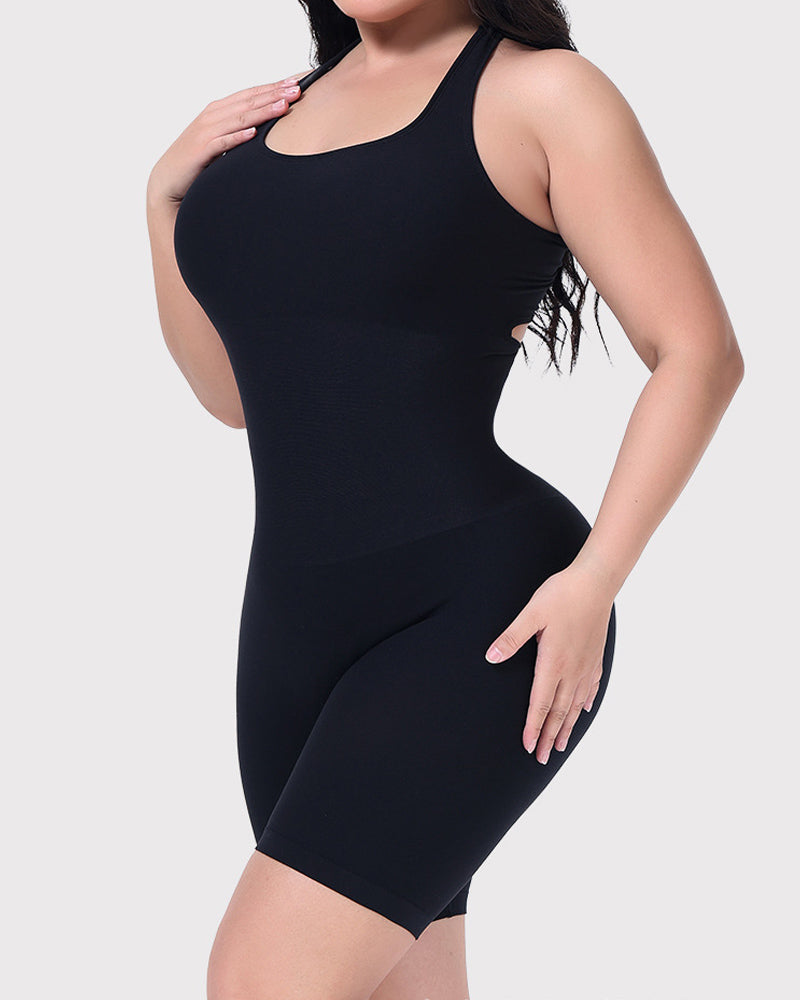 Gerippter Neckholder Racerback Shapewear Bauchweg Po Lift Mittlerer Oberschenkel Bodysuit