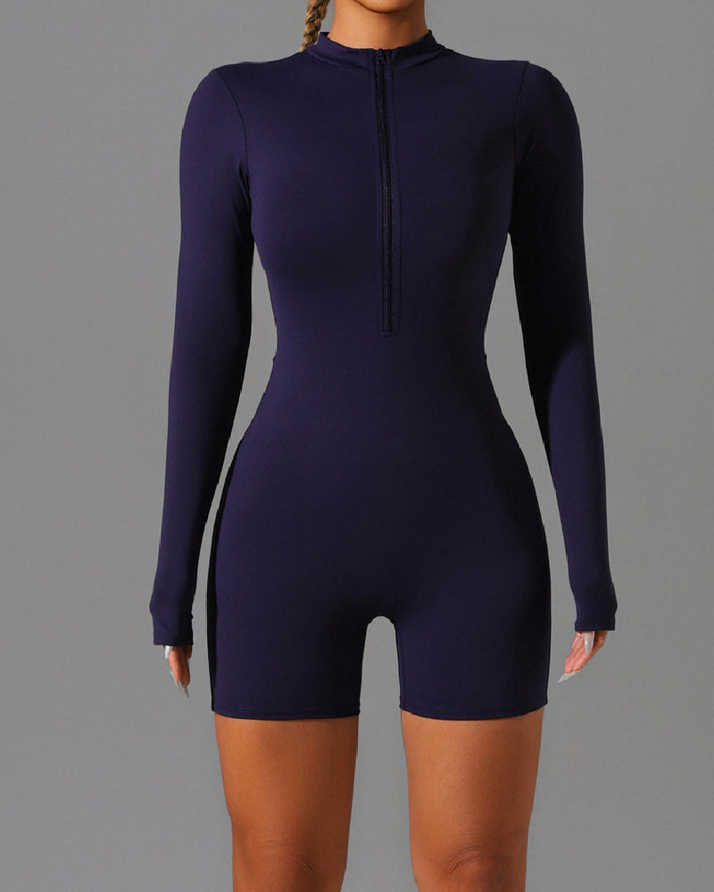 Nahtloser Stehkragen Jumpsuit mit Langen Ärmeln und Reißverschluss