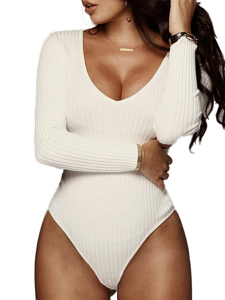 Sexy Tiefem V Ausschnitt Gestreifter Bodysuit Langarm Tanga Jumpsuit