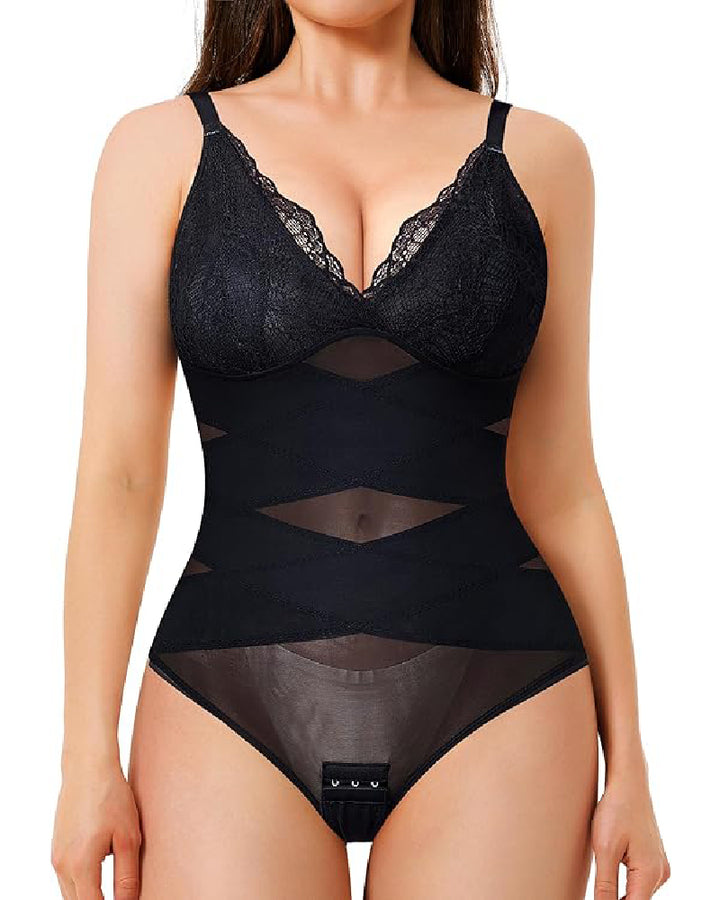 Damen Bauchweg V Ausschnitt Tanga Korsett Spitze Bodysuit