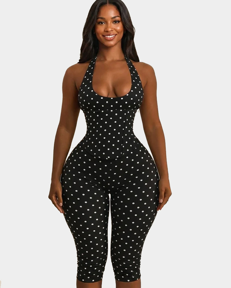 Sanduhrfigur-Figurformer Taillenformer gepunkteter Capri-Jumpsuit zweiteiliges Set