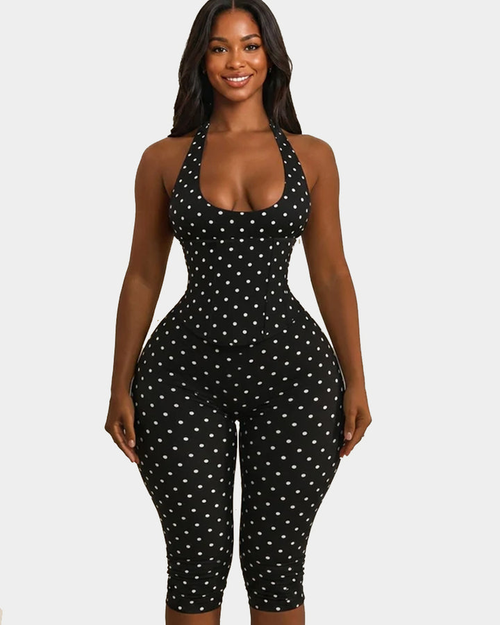 Sanduhrfigur-Figurformer Taillenformer gepunkteter Capri-Jumpsuit zweiteiliges Set