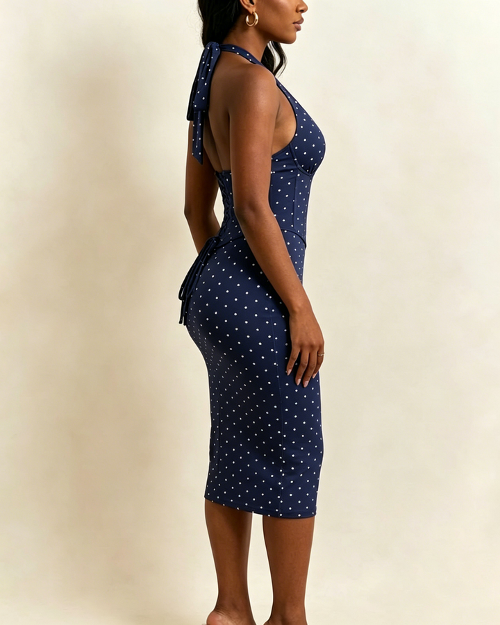 Gepunktetes Midikleid mit Korsett Halter und Schnürung am Rücken
