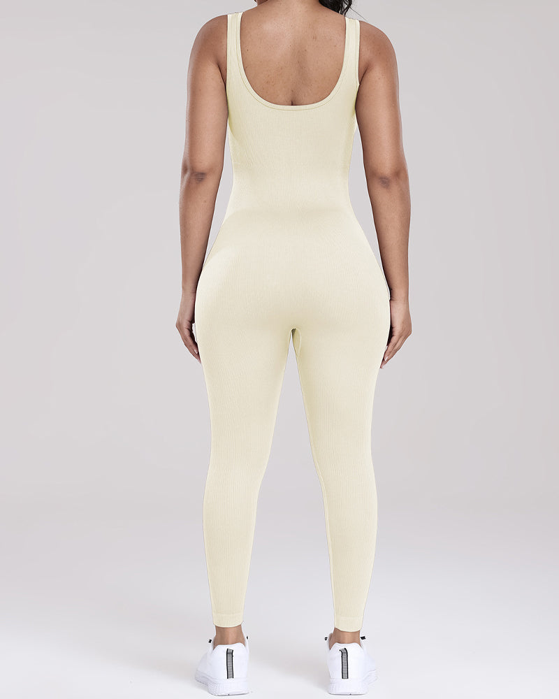 Gerippter U-Ausschnitt Ärmelloser Bodysuit Enganliegend Hochelastische Jumpsuits