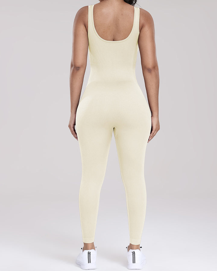 Gerippter U-Ausschnitt Ärmelloser Bodysuit Enganliegend Hochelastische Jumpsuits