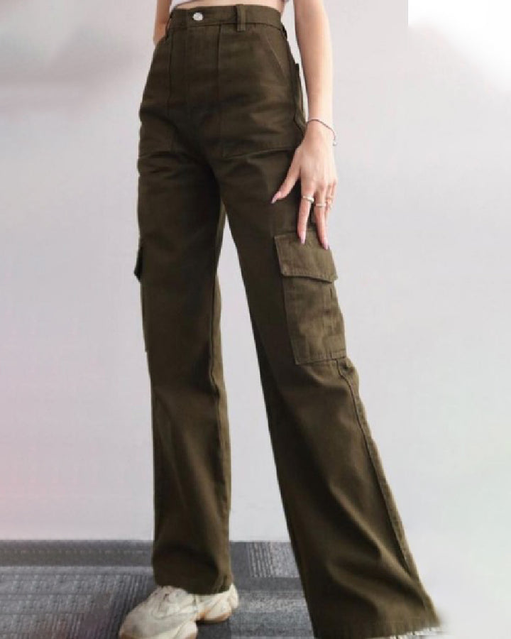 Mittlere Taille Weite Bein Cargo Jeans mit Taschen