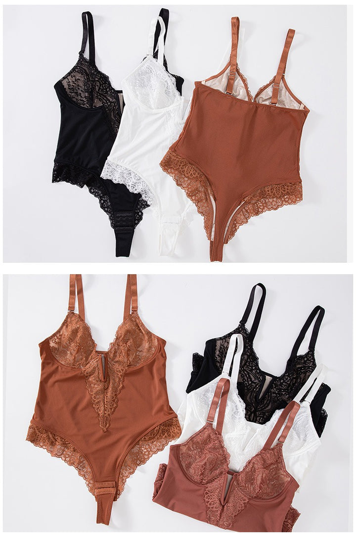 Sexy Spitzen Tanga Body mit V Ausschnitt Rückenfrei mit Bauchkontrolle