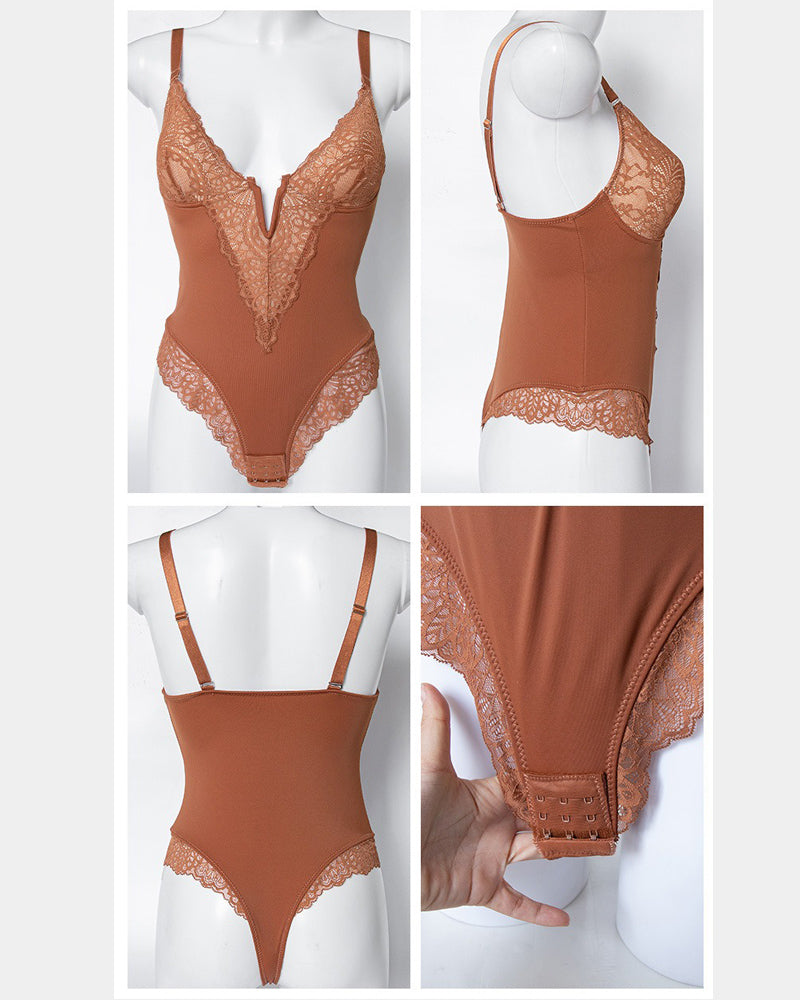 Sexy Spitzen Tanga Body mit V Ausschnitt Rückenfrei mit Bauchkontrolle