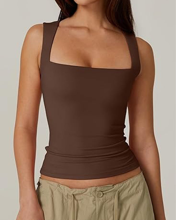 Damen Basic Quadratischem Ausschnitt Ärmellose Tanktops Doppellagig Formende Weste
