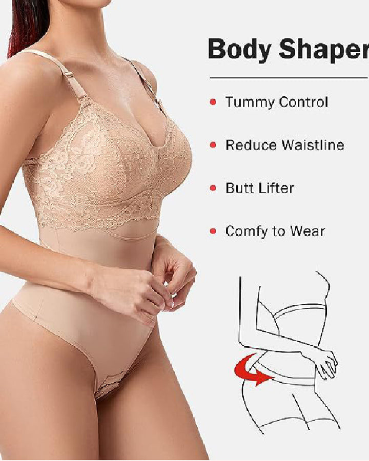 Nahtloser Spitzen Bodysuit Bauchkontrolle Tanga Shapewear mit BH