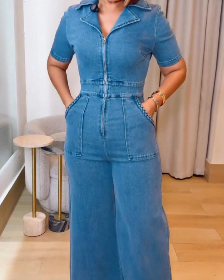 Damen Jeans Overall Kurzarm Locker Gerade Mit Taschen