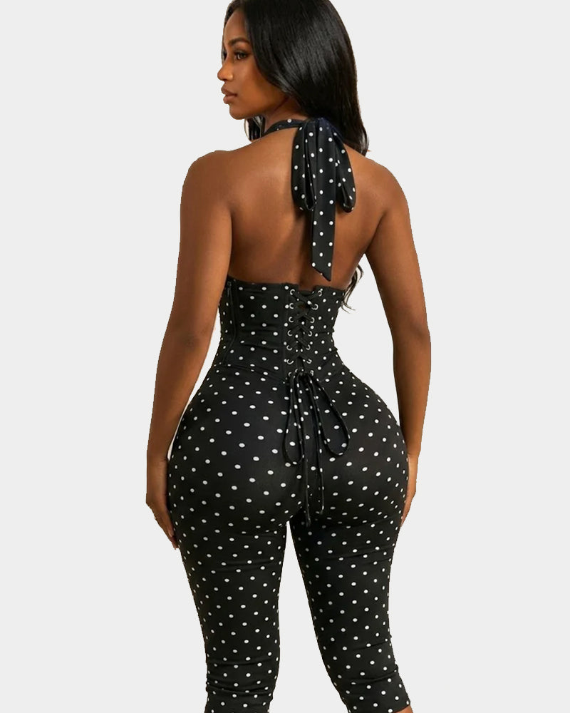 Sanduhrfigur-Figurformer Taillenformer gepunkteter Capri-Jumpsuit zweiteiliges Set