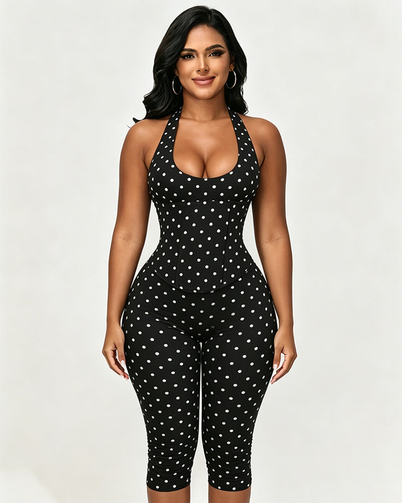Sanduhrfigur-Figurformer, Taillenformer, gepunkteter Capri-Jumpsuit, zweiteiliges Set
