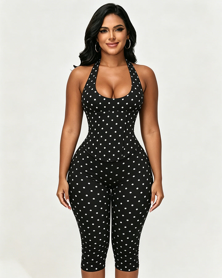 Sanduhrfigur-Figurformer, Taillenformer, gepunkteter Capri-Jumpsuit, zweiteiliges Set