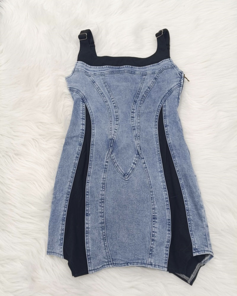 Kontrast Farbe Denim Ärmellos Bodycon Mini Kleid