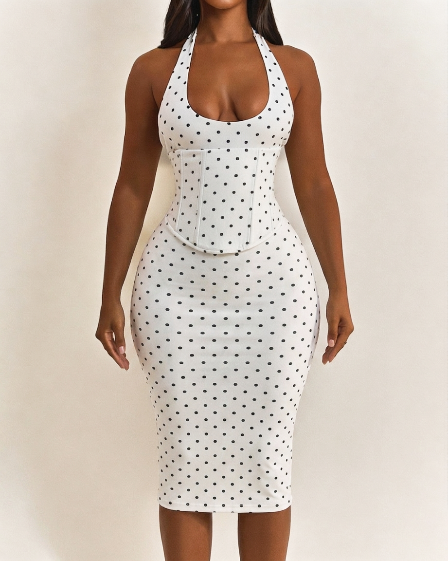 Gepunktetes Midikleid mit Korsett Halter und Schnürung am Rücken